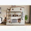 Lit superposé double avec lit gigogne, tablettes de rangement et crochets, bois massif, aucun sommier nécessaire, beige et naturel