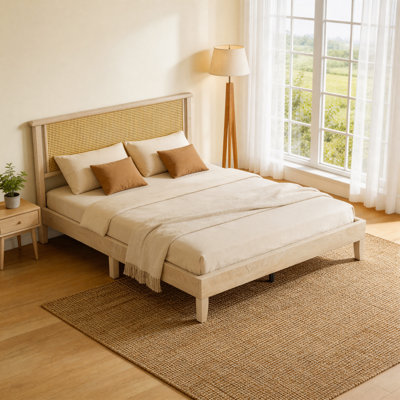 Full Size Rattan Bed Frame With Natural Rattan Headboard, Platform Bed Frame, Mattress Foundation, Noise-Free, No Box Spring Needed,Under Bed Storage, Easy Assembly