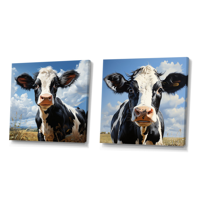 «Black and White Cow Grazing The Meadows I», ensemble de 2 impressions sur toile, Toile tendue, H 30 po x l 61 po x P 1 po