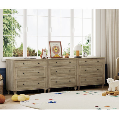 Scarlett Kids Dressers With 9 Wide Chest Of Drawers, Large Wood Baby Dressers For Living Room, Nursery, Hallway by Charlton Home