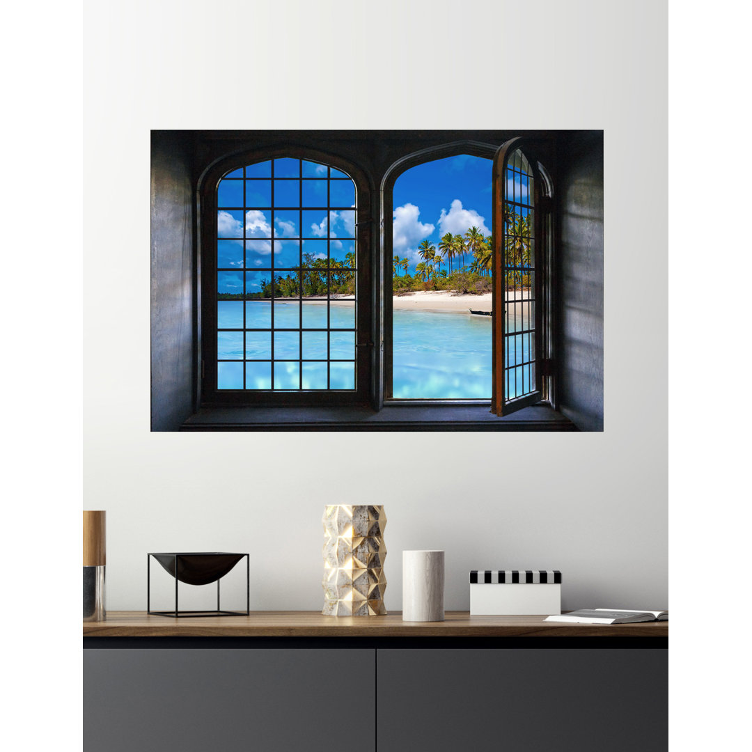 Wandtattoo Eisen Fenster Strand Hintergrund mit Palmen