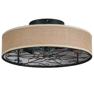 20" Modern Industrial Caged Ceiling Fan With Light And Remote — Low Profile, DC Motor, 6-Speed Reversible Blades, Fabric Shade