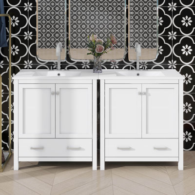 Ensemble de meuble-lavabo double 60 po avec lavabo double 60 po, meuble-lavabo moderne en bois avec lavabo double, tiroirs et portes (miroir non inclus)