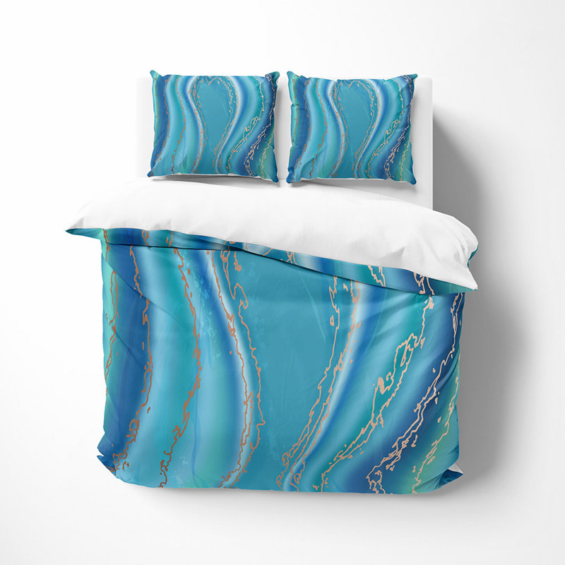  Ensemble de housse de couette en microfibre bleu et blanc 3 pièces, Housse de couette simple et deux taies décorative