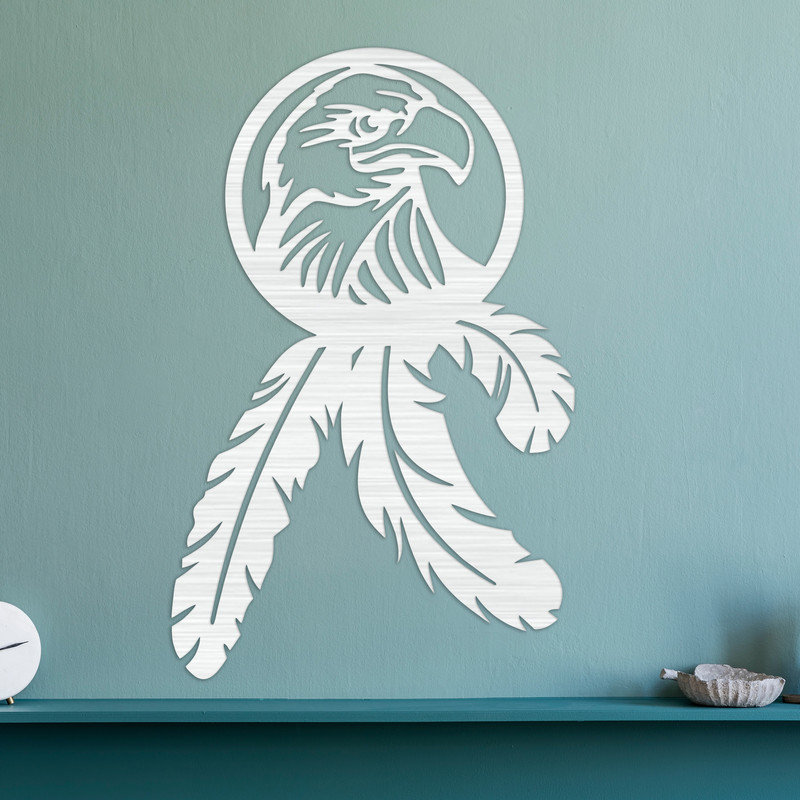 Décoration murale abstraite avec aigle et plumes - ACM, Argent, H 32 po x l 20,4 po x P 0,25 po