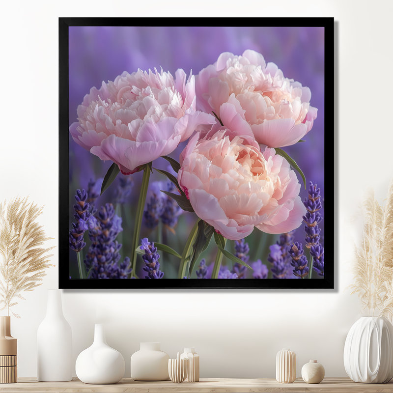 Pivoines dans le jardin de lavande IV - pivoines, art mural, H 36 po x l 36 po, Reproduction encadrée d'une seule photo, Noir