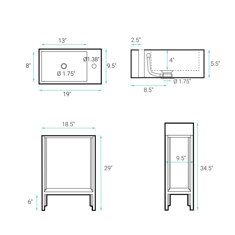 Meuble-lavabo autoportant Pierre de 19 po avec tablette ouverte et cadre en métal chromé, Chrome