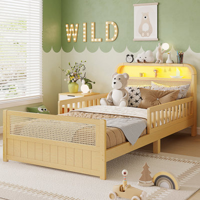 Twin Rattan Bed Frame with LED Lights and Storage Headboard, Twin Size Platform Bed with Safety Guardrails