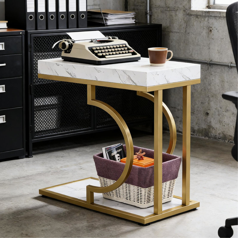 Table de chevet compacte avec faux marbre et structure dorée, ajout élégant à n'importe quelle pièce, 23,33 po de largeur, 11,62 po de profondeur, table fonctionnelle et stable, style simple à assembler
