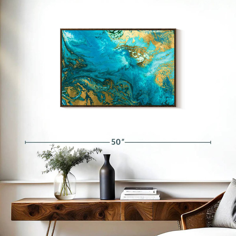 Texture bleue et dorée Phung, 31 po x 21 po, Cadre flottant noyer