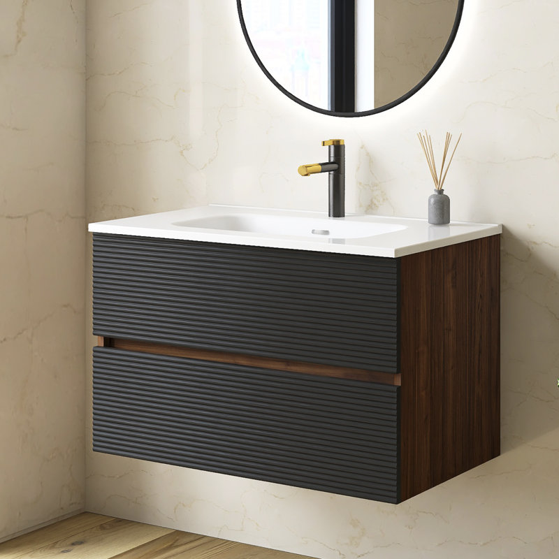 Meuble-lavabo flottant 30 po noir et noyer, lavabo intégré en céramique avec trop-plein et 3 trous de robinet, rangement spacieux pour les salles de bain modernes