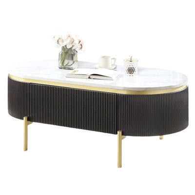 Glamorous Dark Walnut Coffee Table Featuring White Faux Marble And Gold Elements Modern Living Room Table: Walnut, Marble, Bearing Glides