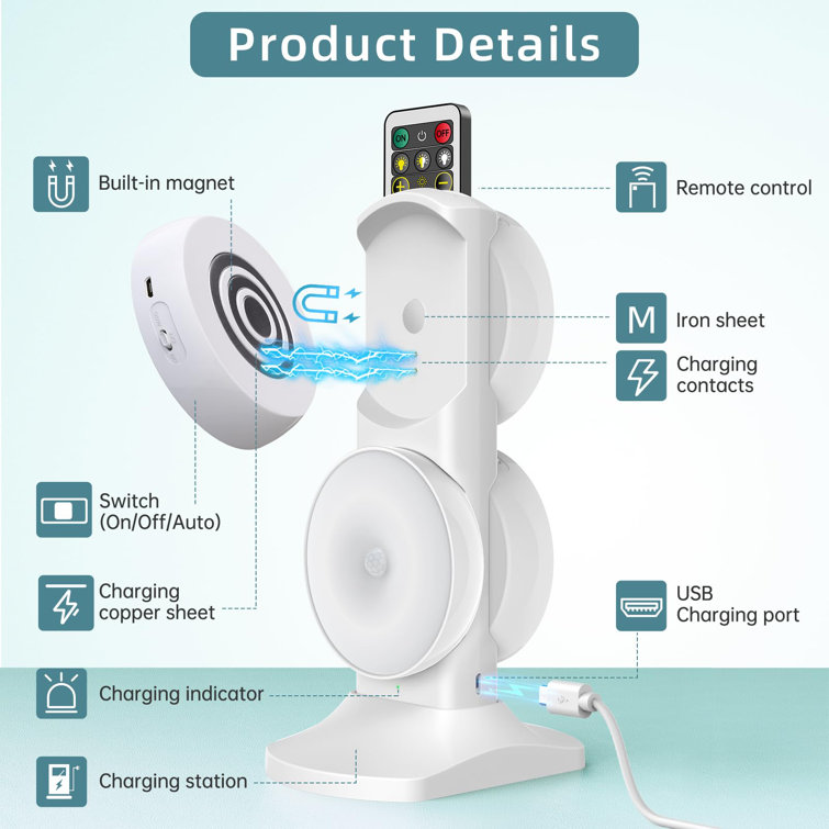 Janieya 4-Pack LED, USB Rechargeable, 3 Colour Temperatures, Motion Sensor, Dimmable, Easy Installation LED Under Cabinet Puck Light
