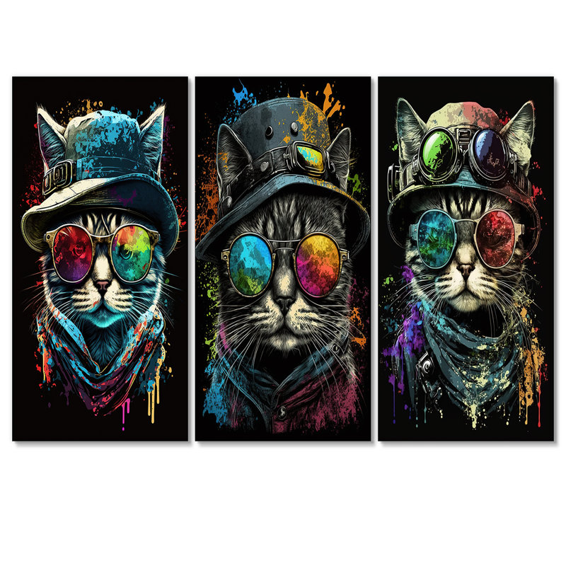 «Cool Cat» avec des lunettes de soleil amusantes et un chapeau I sur toile, 3 pièces, H 28 po x l 36 po x P 1 po