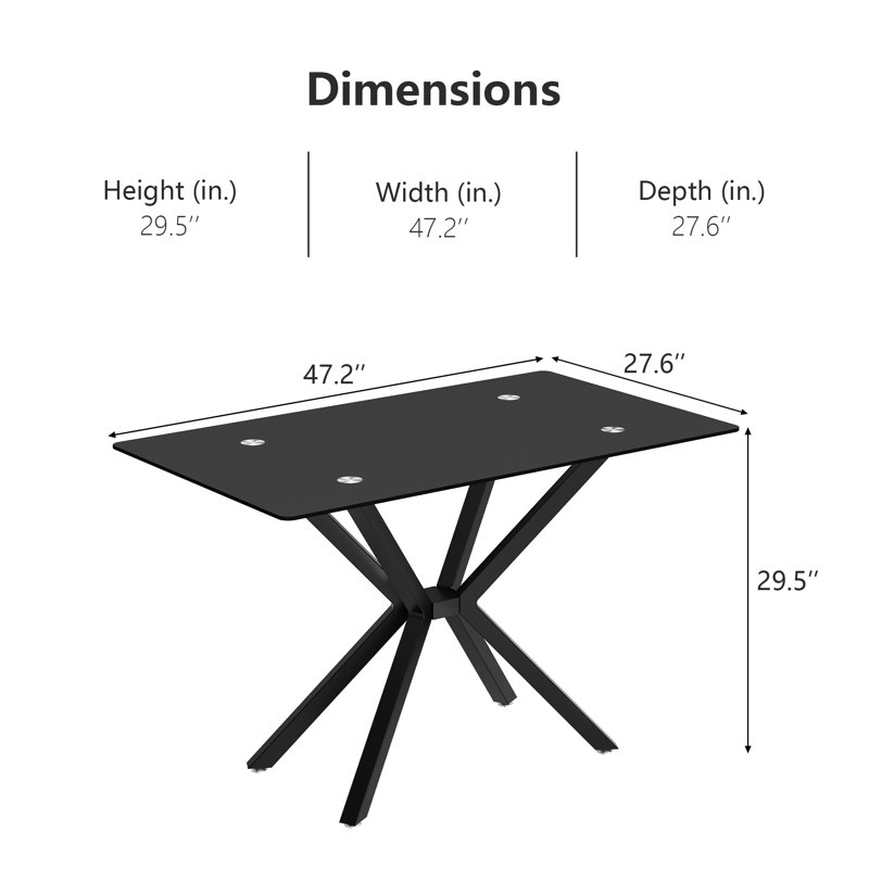 Table de salle à manger rectangulaire en verre trempé de 47,24 po avec pieds en métal, Noir, Noir
