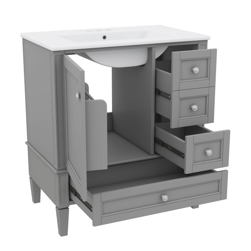 Meuble-lavabo 30 po avec lavabo en céramique, unité avec 3 tiroirs, Gris