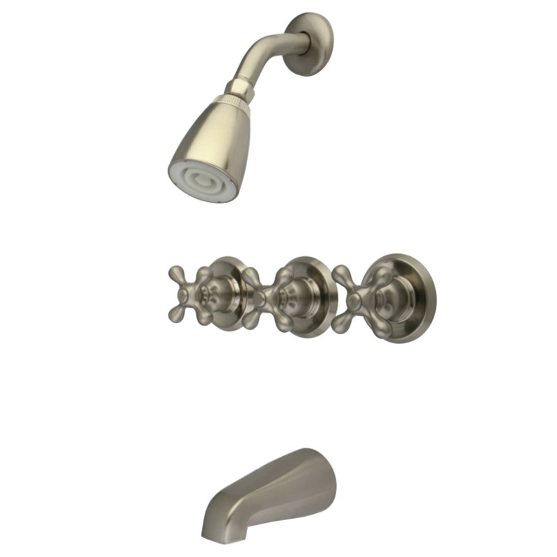 Kingston Brass Victorian Triple-Handle Tub and Shower Faucet, Brushed Nickel, Cross Handle