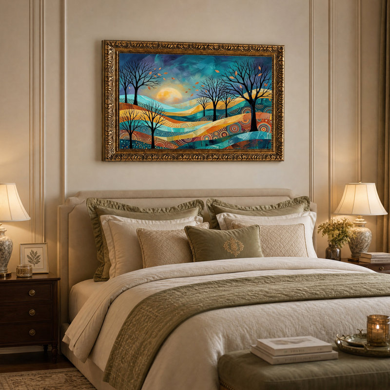 Tableau sur toile représentant un paysage abstrait avec des arbres nus et des collines aux motifs variés, H 16 po x l 24 po