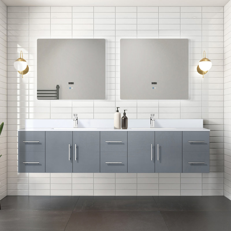 Meuble-lavabo double gris foncé 84 po X P 22 po D, plateau en marbre de culture et robinet, Gris foncé