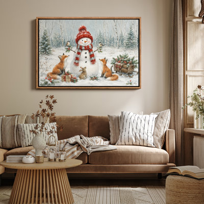 «Snowman with Foxes Winter Woodland Christmas Decor», reproduction d'art encadrée