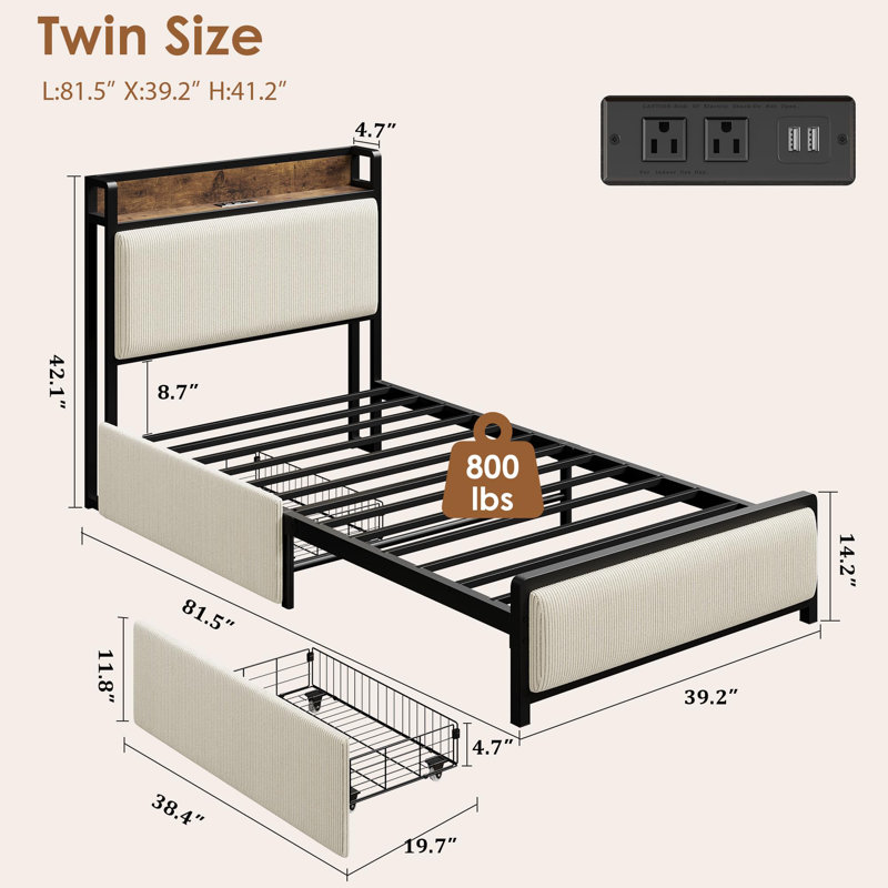 Twin Size Bed Frame with 2 Storage Drawers and Charging Station, Beige