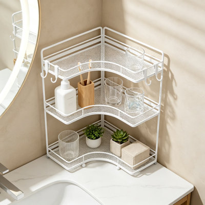 Three Tier Corner Bathroom Counter Organizer, Metal Mesh Makeup Organizer for Vanity Countertop and Sink Storage with Hooks