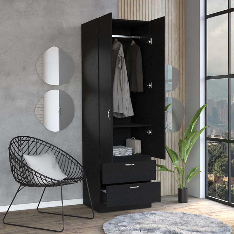 Armoire-penderie 76 po avec 2 tiroirs, Noir