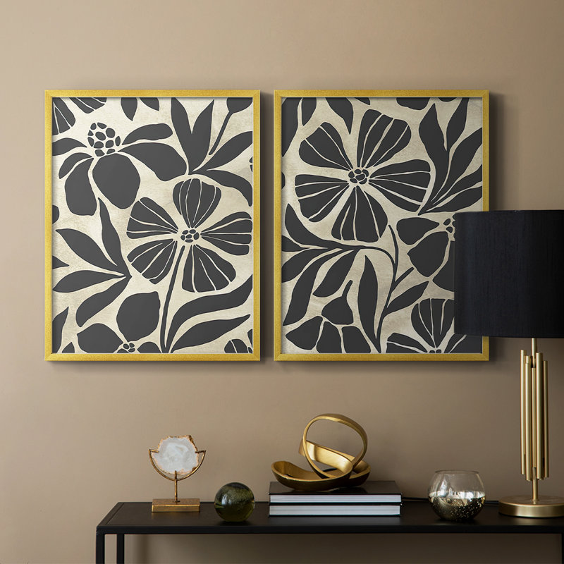 Linocut Garden I-Premium, impression encadrée - prête à être accrochée - aucun clou requis - aucun clou requis, Doré