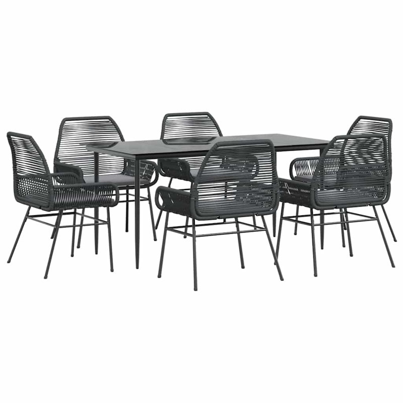 Ensemble repas de patio avec coussins en verre et poly rotin, 6, H 29,1 po x l 31,5 po x L 63 po, Noir / Noir