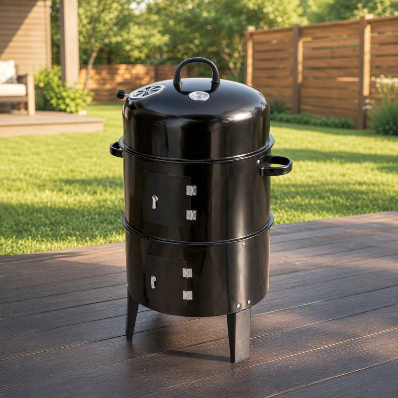 Barbecue au charbon de bois double couche d'extérieur, fumoir vertical au bois avec four à braiser, cuisson uniforme à 360° et faible dégagement de fumée, idéal pour la cuisine en plein air, sur la terrasse ou en camping.