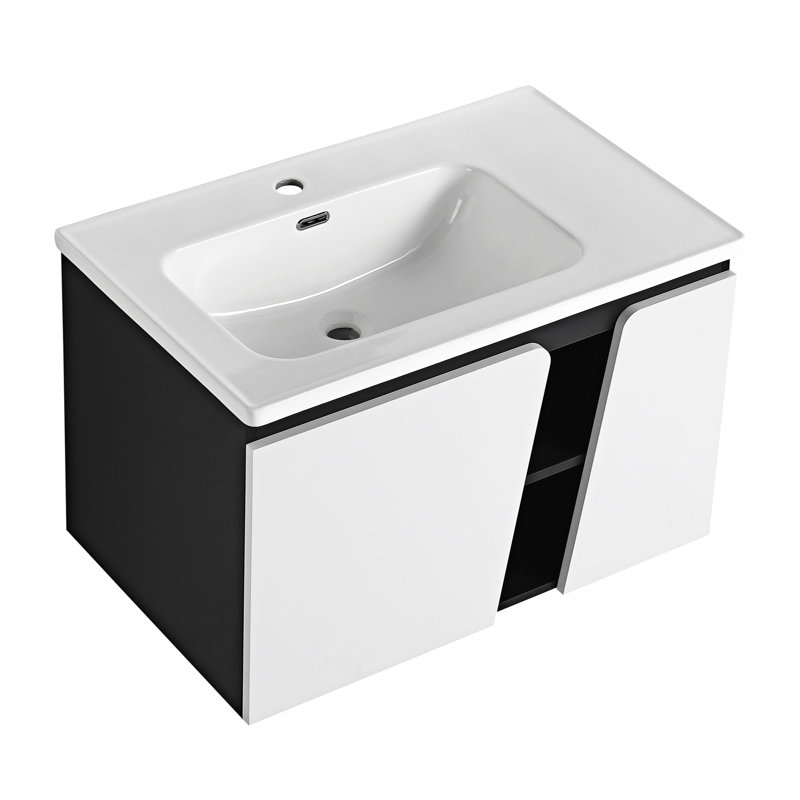 Lincheta 31.7 " W Wall Mounted Wall Mounted 1 Single Vanity Bathroom Vanity With Ceramic Top, White/Black