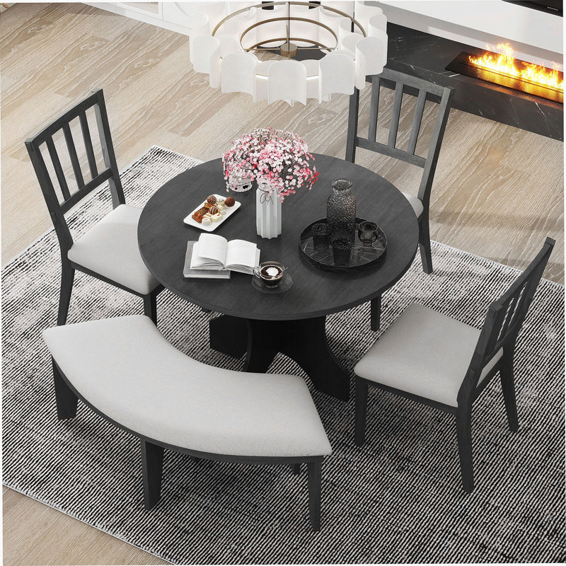 Ensemble de salle à manger 5 pièces, table de salle à manger avec 3 chaises rembourrées et un banc incurvé pour la salle à manger, la cuisine et le salon
