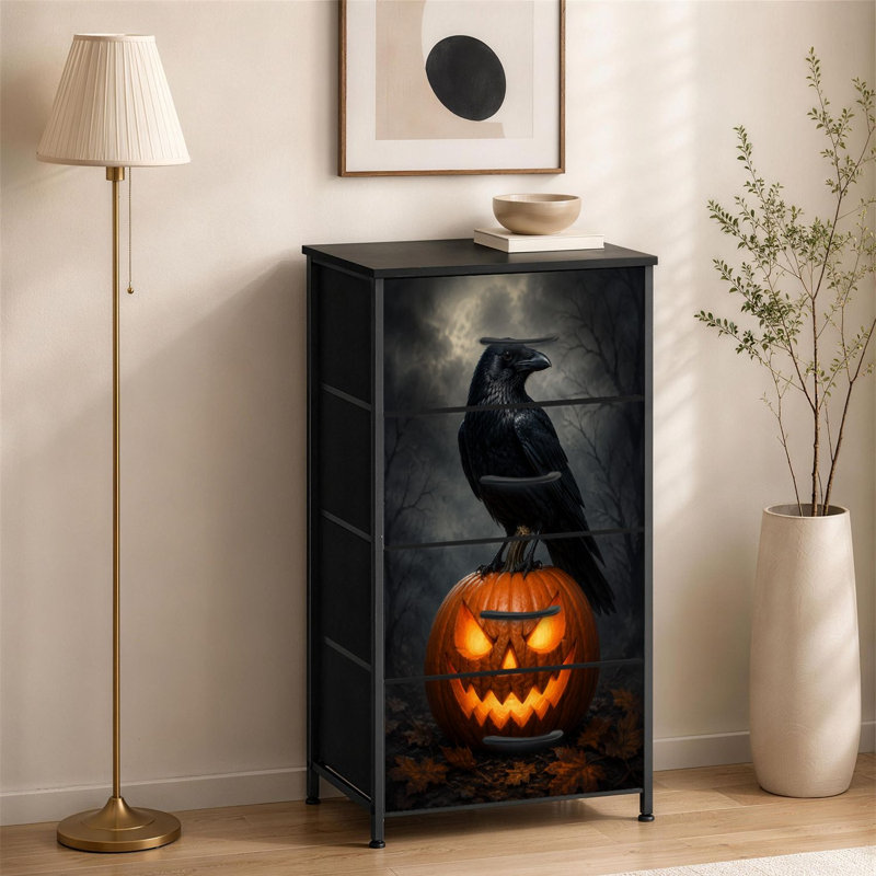 Commode à 4 tiroirs pour chambre à coucher Corbeau noir perché brillant Jack-o'-Lantern Spooky Forest Crow