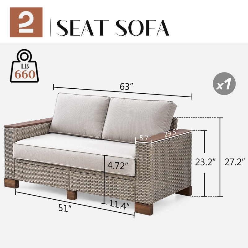 63'' Wide Outdoor Patio Sofa with Cushions