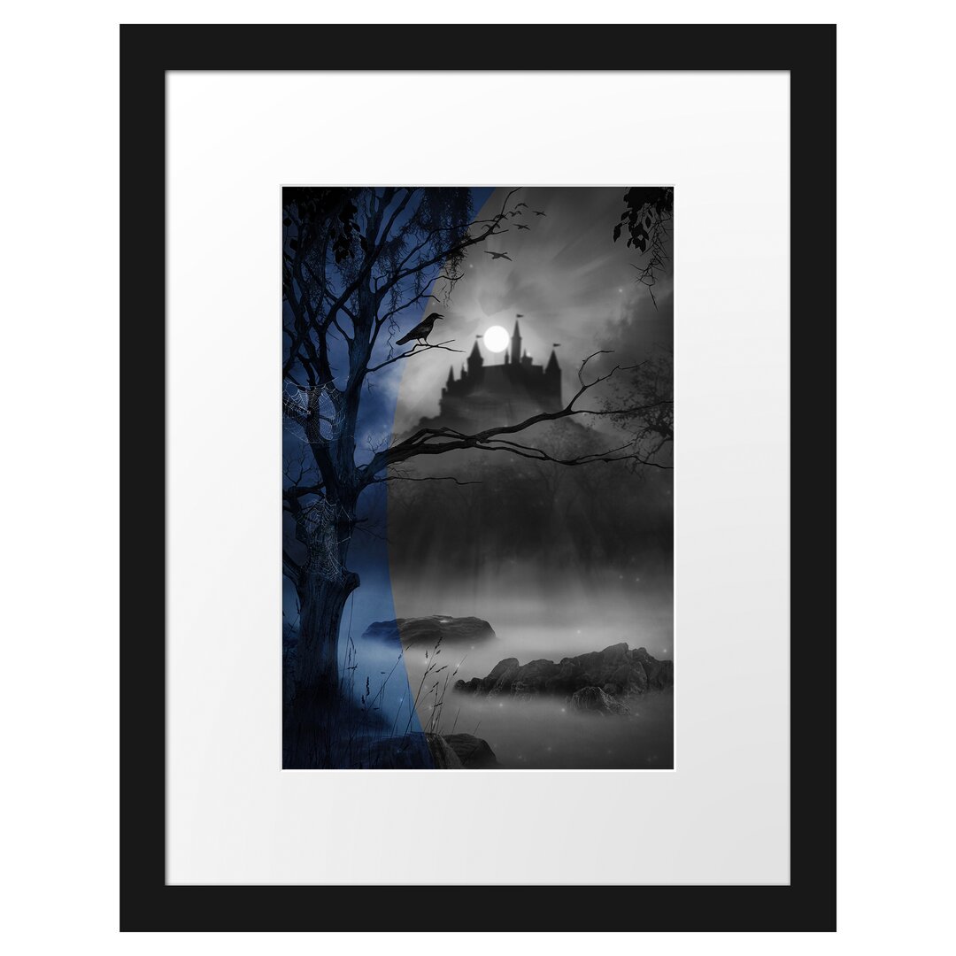 Gerahmtes Poster Wald mit Burg bei Nacht