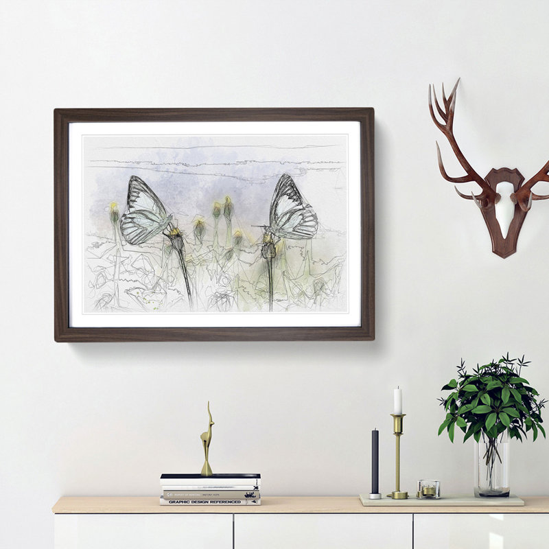 Two Butterflies upon Yellow Flowers Sketch - Picture Frame Graphic Art Print, 45cm H x 63cm W x 2cm D, Walnut Framed