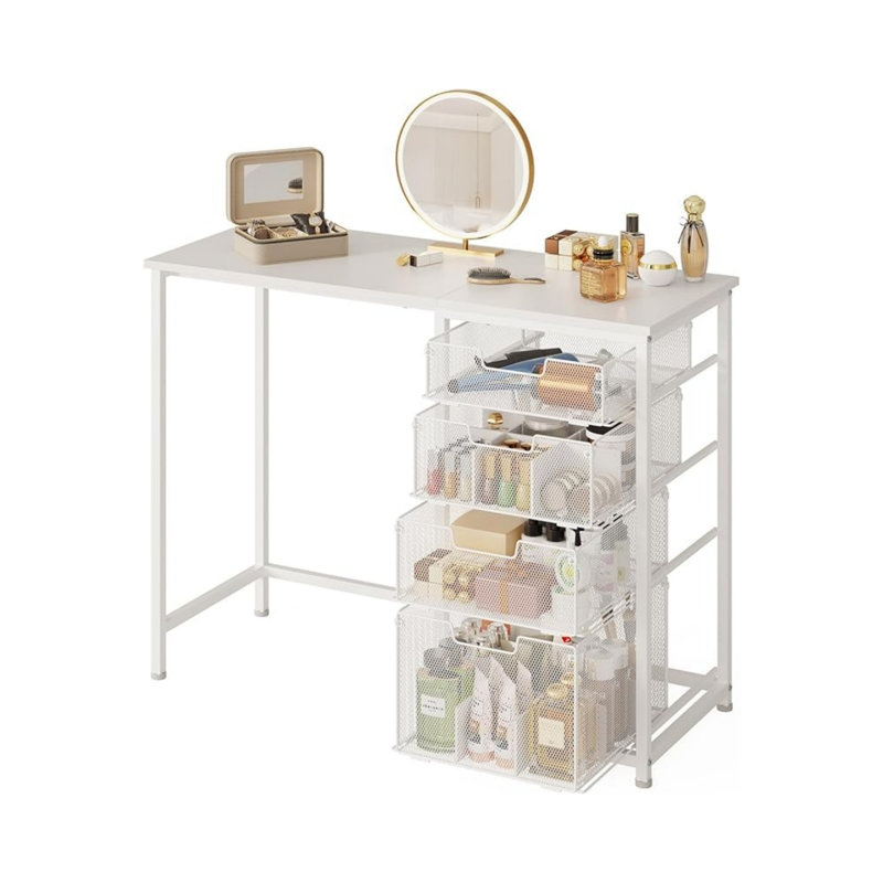 White Vanity Desk With 4 Large Drawers, 40“ Vanity Desk No Mirror, Small Makeup Vanity With Visual Large Capacity Iron Drawer With Classification Grid, Desks For Home Office Small Space With Storage
