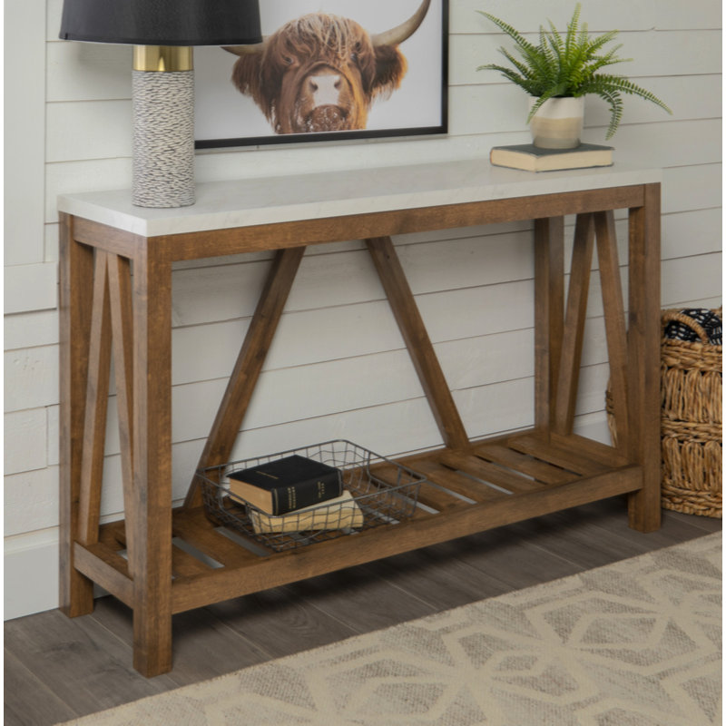 Farmhouse A-Frame Faux Marble Entry Table With Lower Shelf - Faux Marble