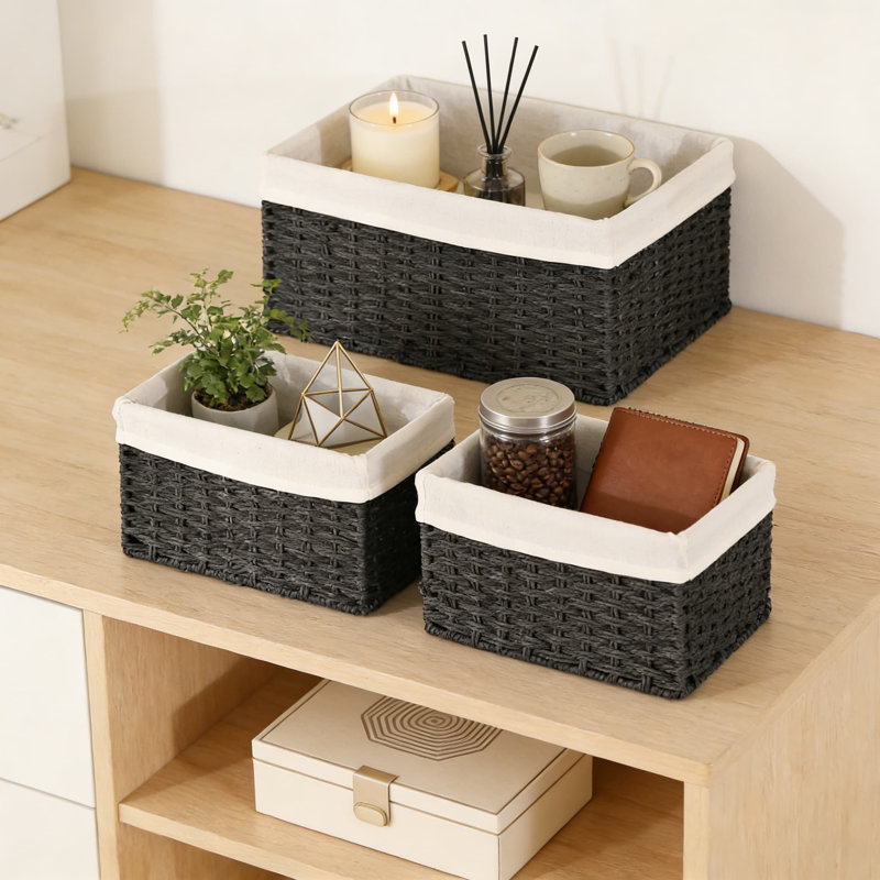 Ensemble de 3 paniers de rangement en osier tissés à la main avec poignées, bacs de rangement décoratifs et empilables pour la salle de bain, les tablettes, le placard et la décoration intérieure