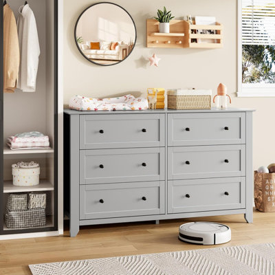 54" Wide 6-Drawer Dresser with  Lacquer Finish & Metal Knobs, Modern Wood Chest for Bedroom, Entryway, Hallway