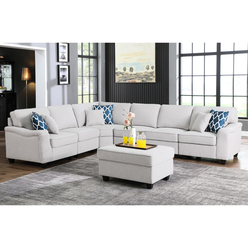 Finley 7-Piece Modular L-Shape Linen Sectional Sofa and Ottoman
