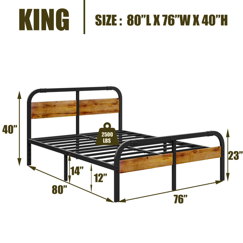 King Size Black Metal Platform Bed with Wood-Grain Headboard and Footboard, Heavy-Duty Steel Support, No Box Spring Needed