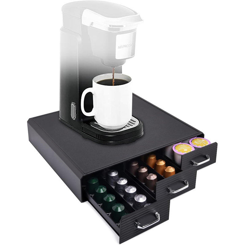 Organisateur de porte-cafetière avec tiroir à capsules de café, compatible avec 36 tasses K-Cup ou 48 capsules Nespresso, noir