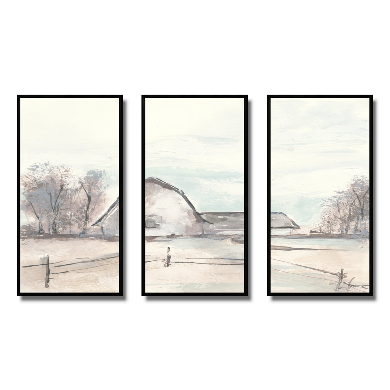Ensemble de 3 reproductions d'art sur toile encadrées Farmhouse Barn Gray, Noir, H 28 po x l 36 po x P 1 po