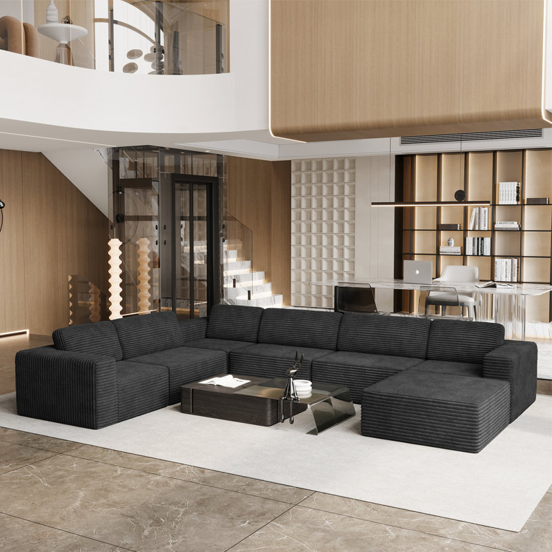 Modular Oversized 404Cm 6-Seater Left-Facing L-Shaped Corduroy Sofa, No Assembly Required   , Black