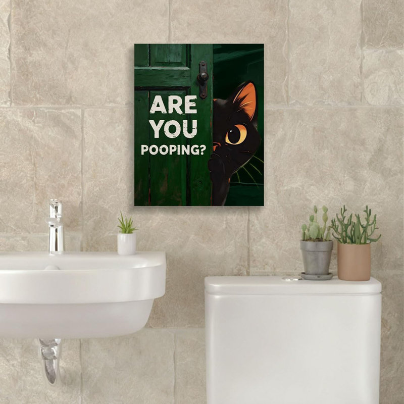 Drôle de décoration de salle de bain pour chat - Illustration de dessin animé mignon chats de porte verts pour la salle de bain - Are You Pooping