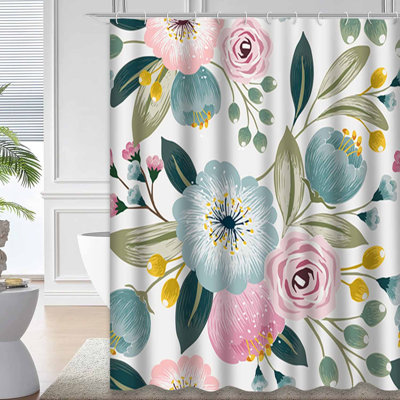 Rideau de douche sans couture à fleurs printanières bleu sarcelle avec 12 crochets