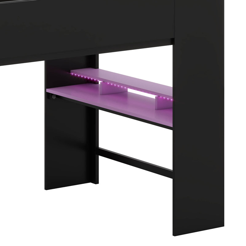 Lit superposé en bois avec bureau réglable en hauteur et garde-robe intégré, cadre de lit mezzanine avec DEL et tablettes de rangement