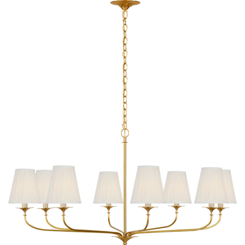 Knox Chandelier with Silk Pleated Shades, Antique Brass, 8 Lights, 21.25" H x 42" W x 42" D