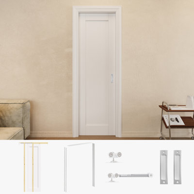 Porte coulissante 1 panneau 24 po x 80 po avec poignées argentées et cadre de porte blanc